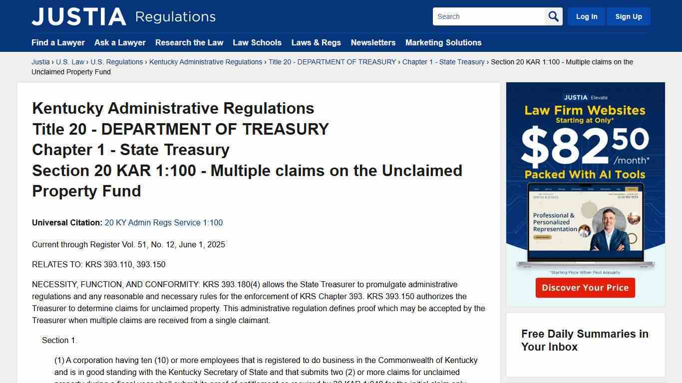 Kentucky Administrative Regulations, Chapter 1, Section 20 KAR 1:100 - Multiple claims on the Unclaimed Property Fund | Kentucky Administrative Regulations | Justia