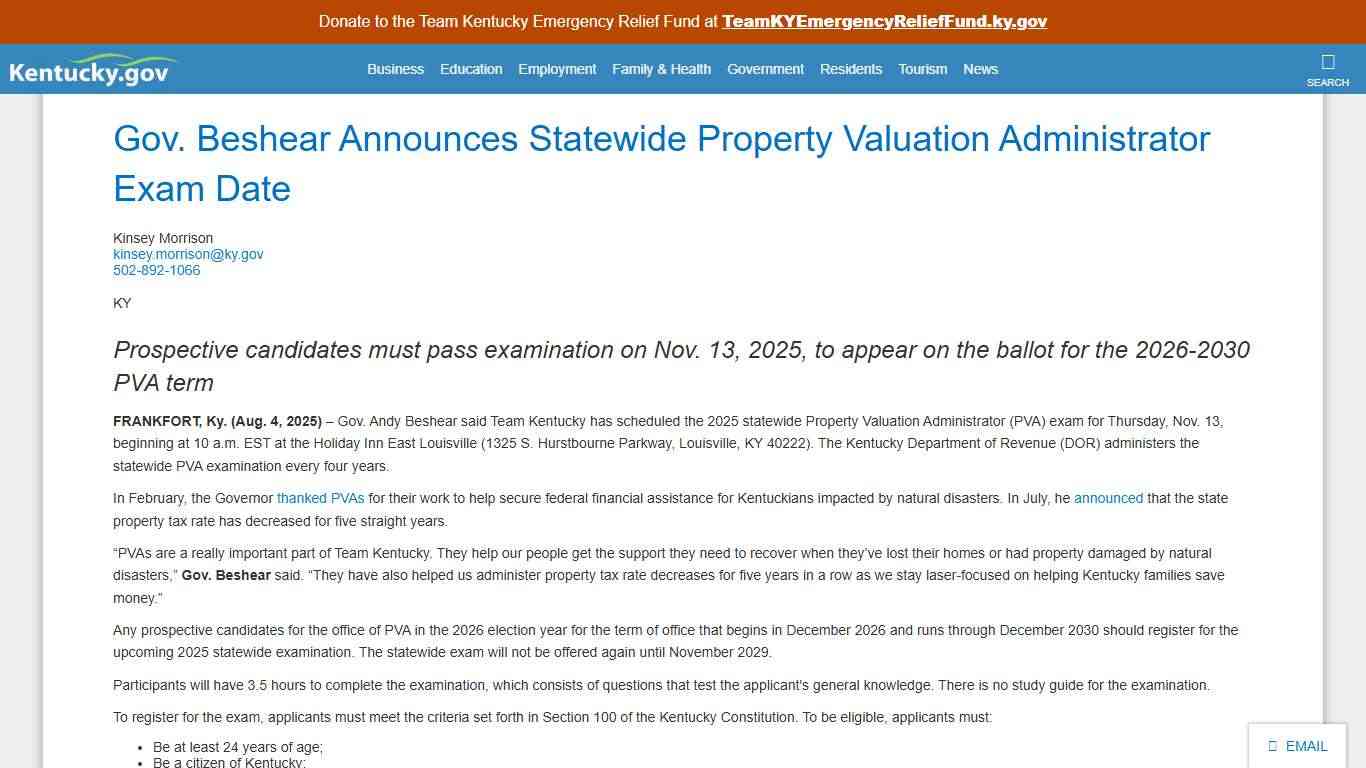 Gov. Beshear Announces Statewide Property Valuation ...